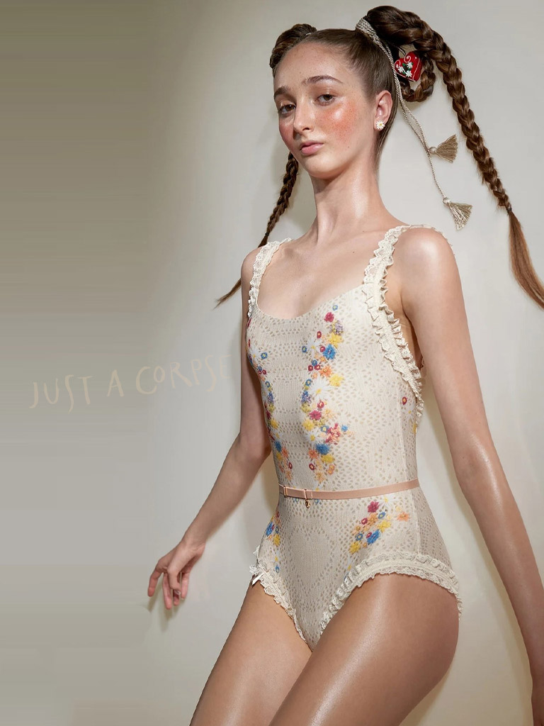 JAC_EDELWEISS embroidery print embellished leotard with straps - Edelweiss/Multicolor