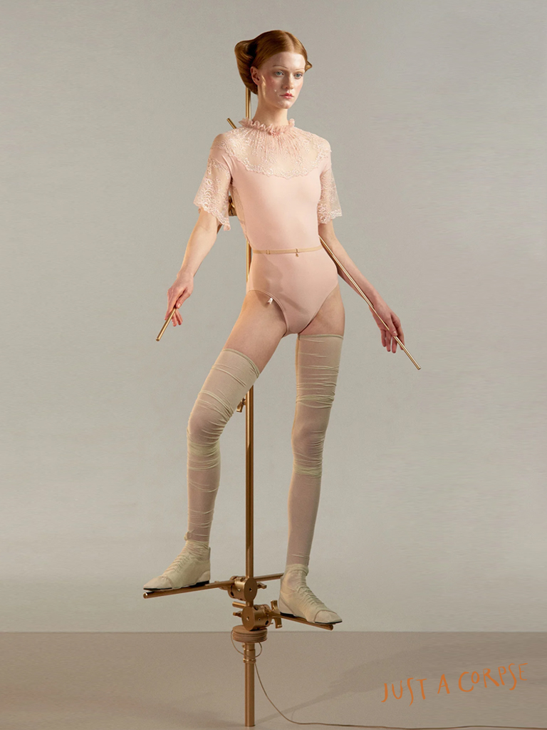 JAC_CHANTILLY LACE DOLL mockneck leotard with short bell sleeves-Baby Blush