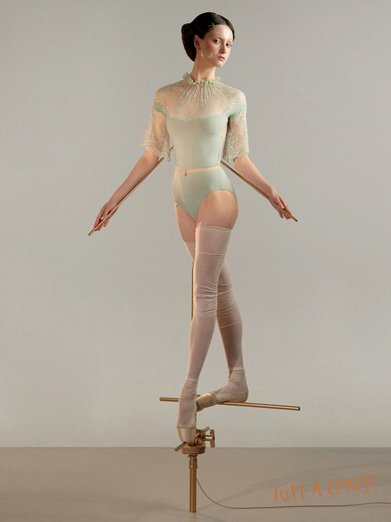 JAC_CHANTILLY LACE DOLL mockneck leotard with short bell sleeves-Sage