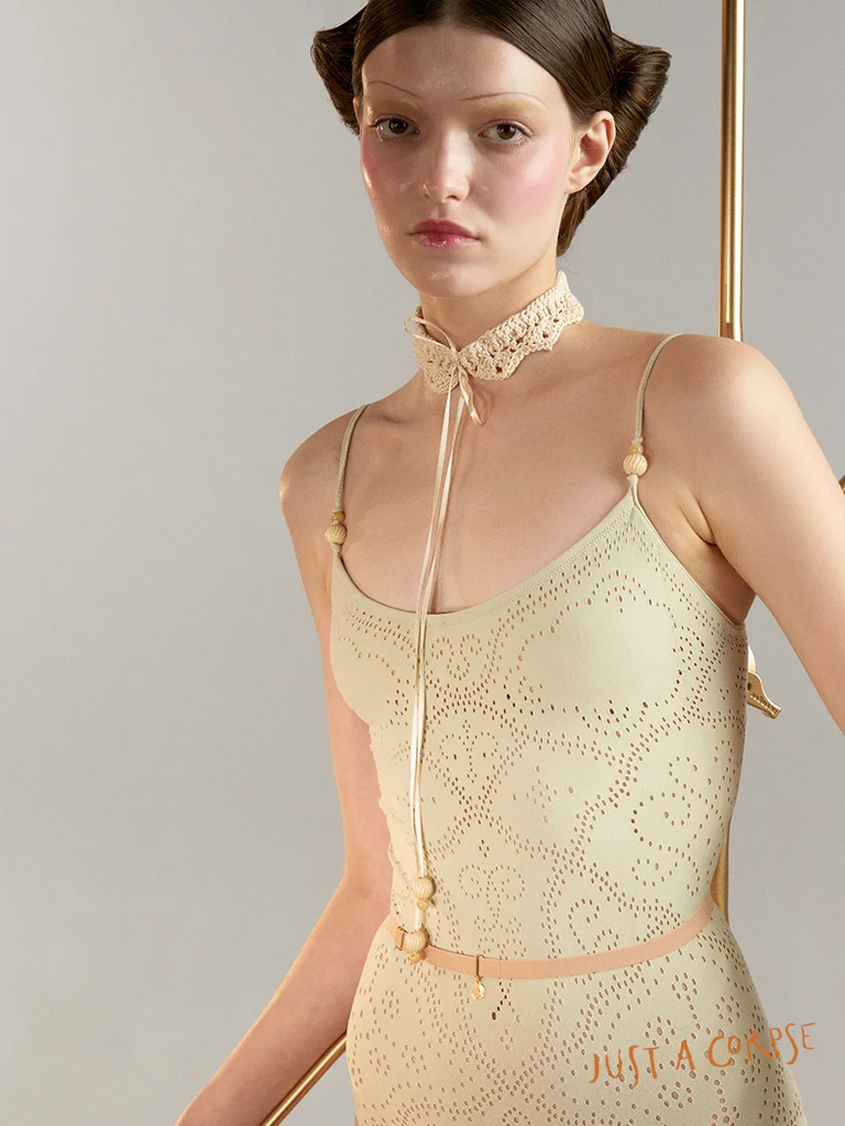 JAC_EYELET LACE seamless camisole leotard-Green tea