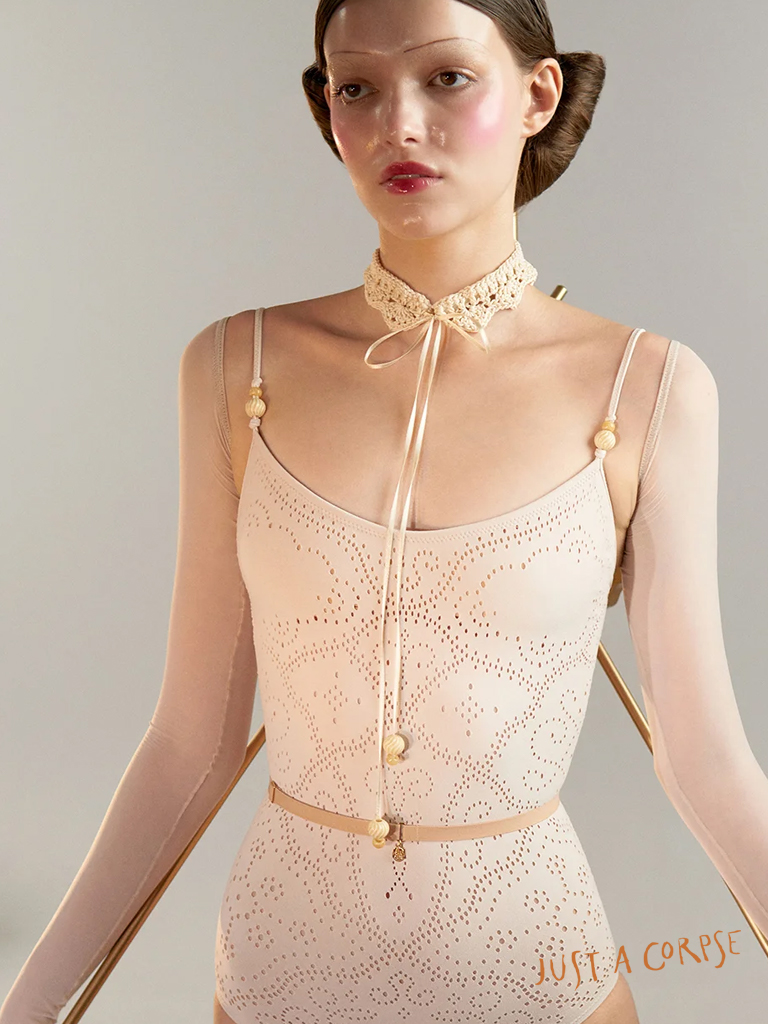 JAC_EYELET LACE seamless camisole leotard-Pearl blush