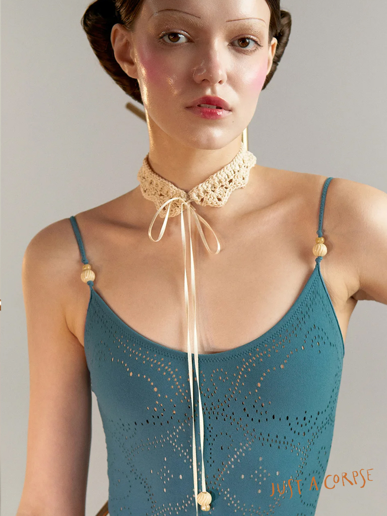 JAC_EYELET LACE seamless camisole leotard-Petrol