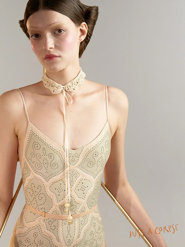 JAC_PUNCHED LEATHER printed camisole leotard-Green tea