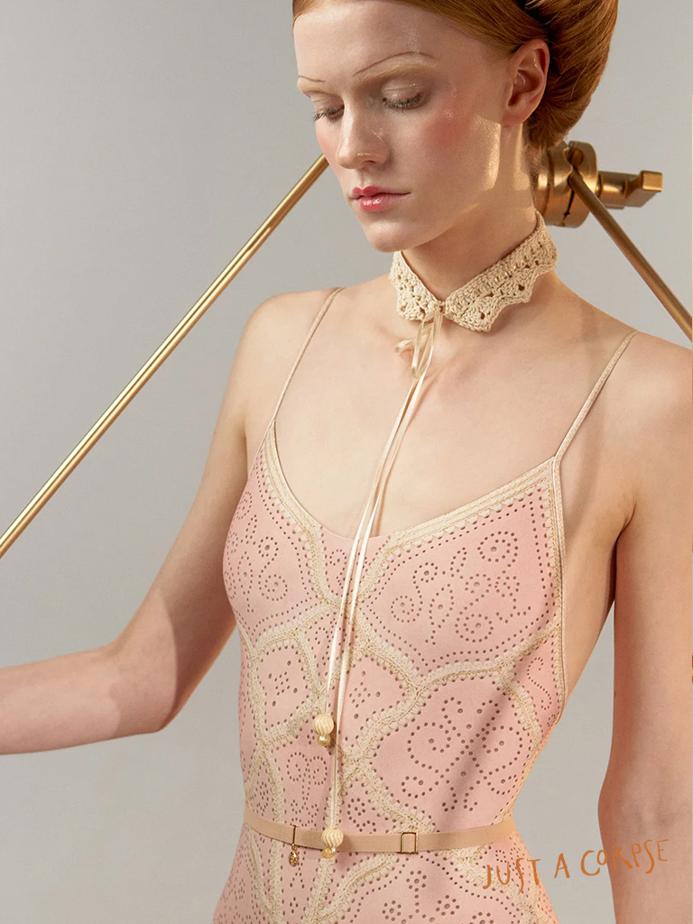 JAC_PUNCHED LEATHER printed camisole leotard-Baby blush