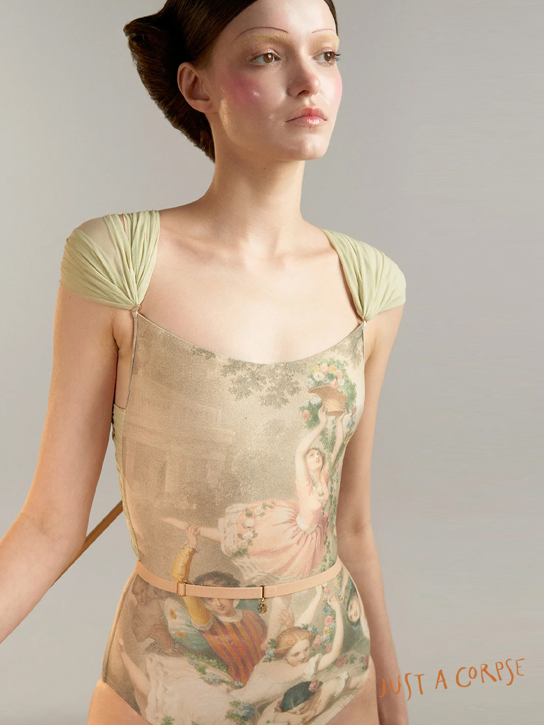JAC_ROCOCO printed cross back leotard-Green tea