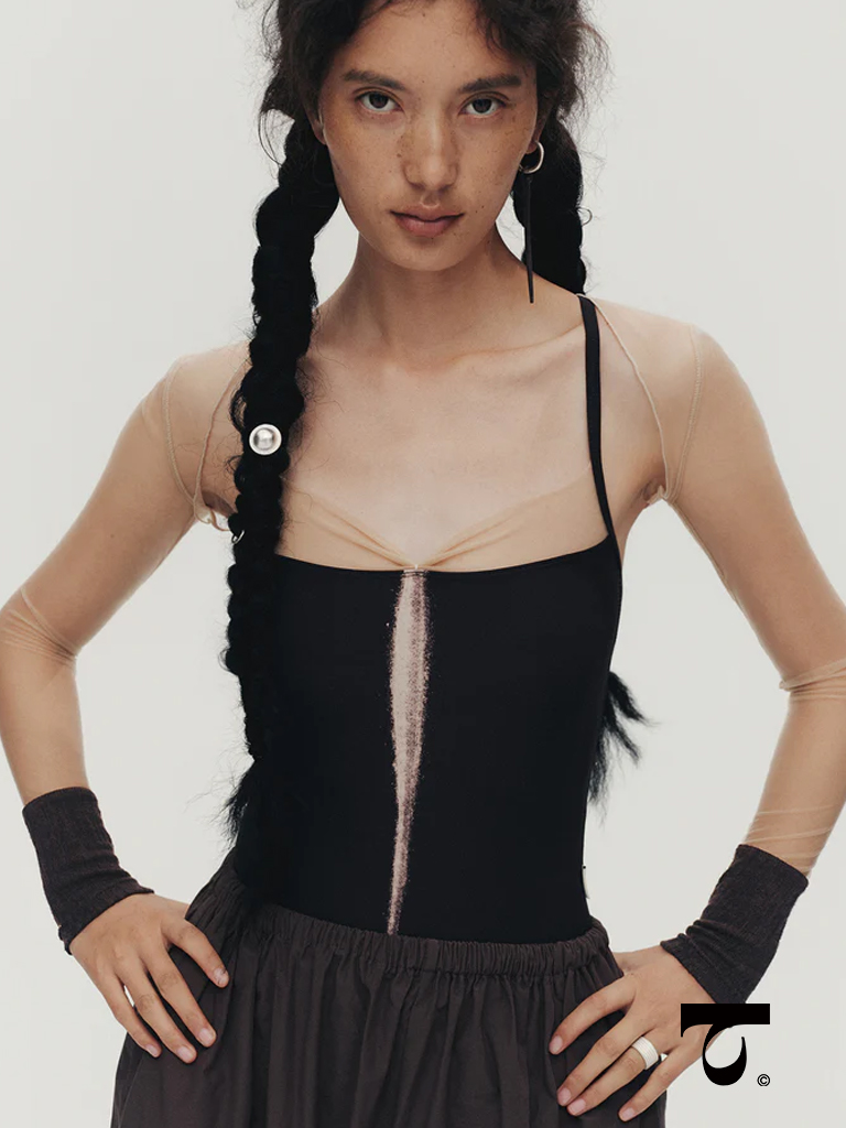 Typha_Nude Sheer Paneled Sleeve Shrug