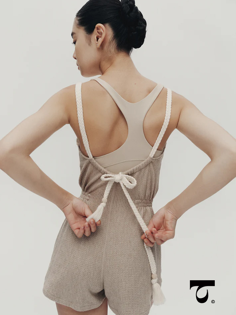 Typha_Beige Ribbon-Tie Suspender Playsuit